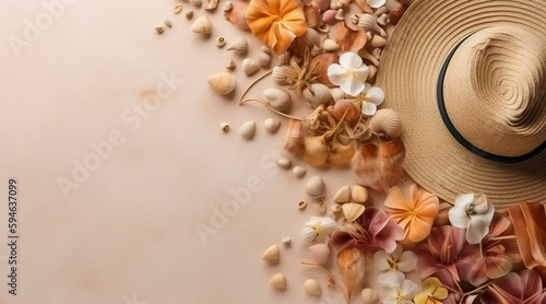 Straw hat and Flowers on sand beach. Summer Holidays concept. Generative AI © waichi2013th
