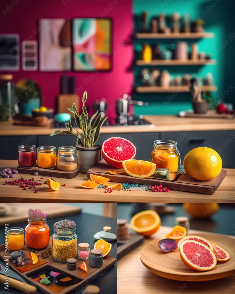 A Table With A Tray Of Fruit And Jars Of Jams Kitchen Food Photography Food Photography Generative AI
