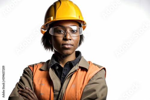 Black woman engineer in a protective helmet and overalls on a white background with copy space. Photorealistic illustration generative AI.