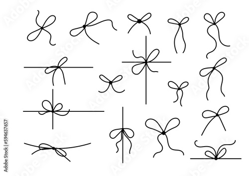 Bow on gift ribbon string for parcel wrap vector silhouette icon. Black line art rope cord with knot and bow for birthday or christmas package decoration.
