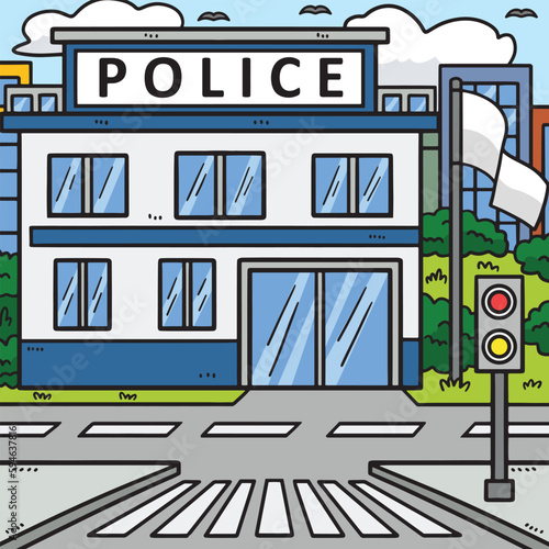 Police Station Colored Cartoon Illustration