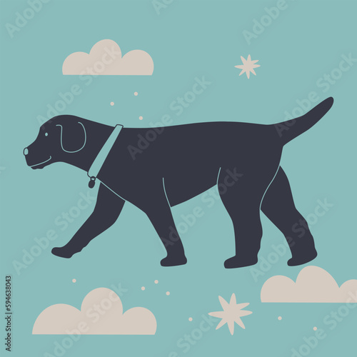 Cute dog in the clouds. Labrador walks in a collar. Vector illustration.