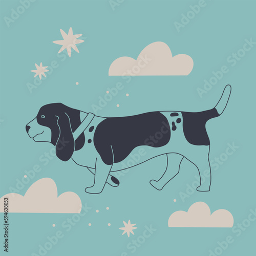 Cute dog in the clouds. Basset hound in a collar walks. Vector illustration.