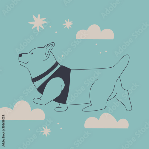 Cute dog in the clouds. Corgi in a collar walks. Vector illustration.