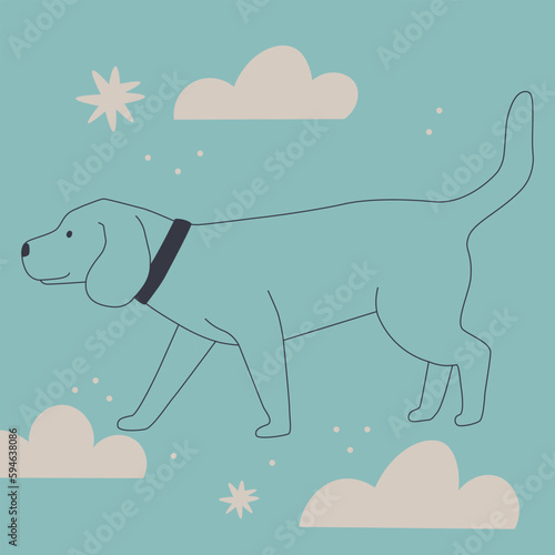 Cute dog in the clouds. Labrador walks in a collar. Vector illustration.