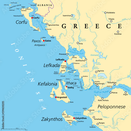 Vászonkép Ionian Islands Region of Greece, political map