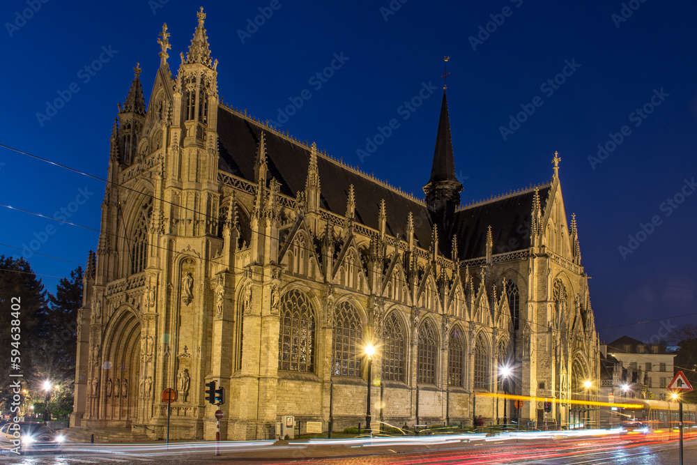 Gothic church in Brussels at night