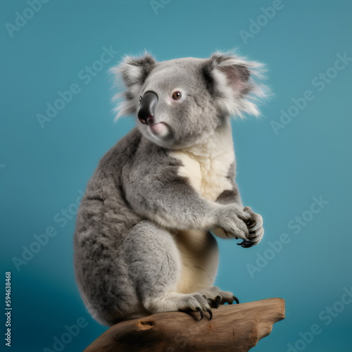 koala sitting isolated on blue studio background  made with generative ai