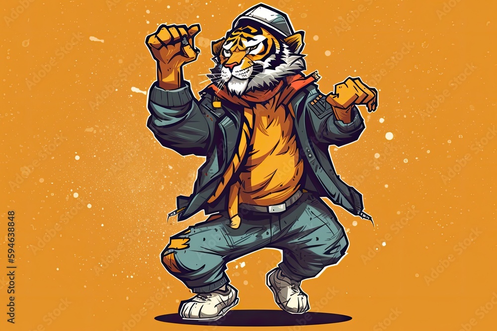 Fototapeta premium Tiger Illustration Funky Street Dancing Backdrop Generative AI
