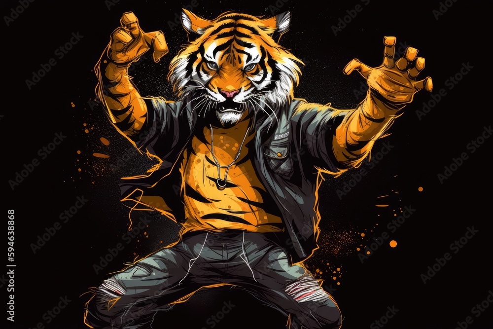 Fototapeta premium Tiger Illustration Hip Dancer Having Fun Generative AI