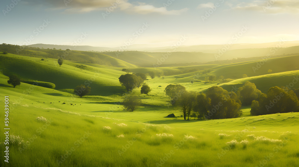 A beautiful landscape of rolling hills with a vibrant green pasture in the foreground.