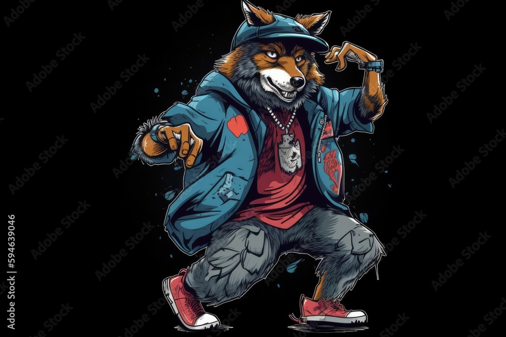 Fototapeta premium Wolf Illustration Music Street Dancing Showing Some Moves Generative AI