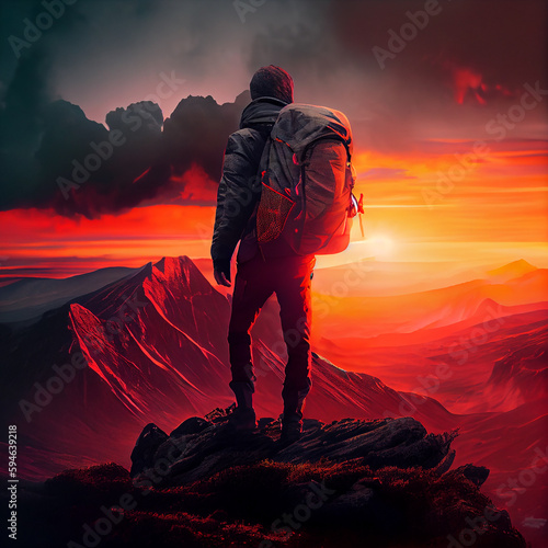 A man with a backpack on top of a mountain looks at the sunset