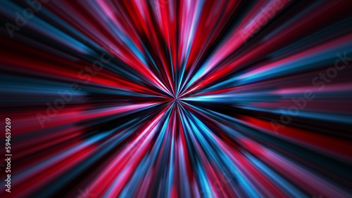 Abstract background with red  blue and black radial rays from the center. Abstract blue  red glow background with time warp zoom effect and light rays. Camera Zoom In.