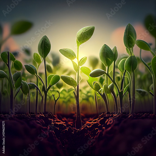 sprouts of seedlings arranged in rows in the garden