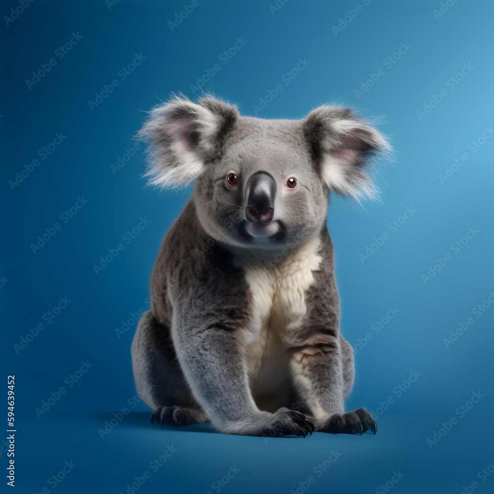 Obraz premium koala sitting isolated on mid blue studio background, made with generative ai