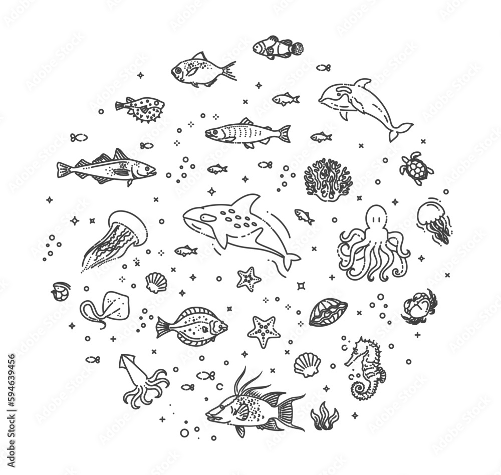 Set of sea or ocean animals icons.Vector illustration Set of sea or ocean animals icons.Vector illustration