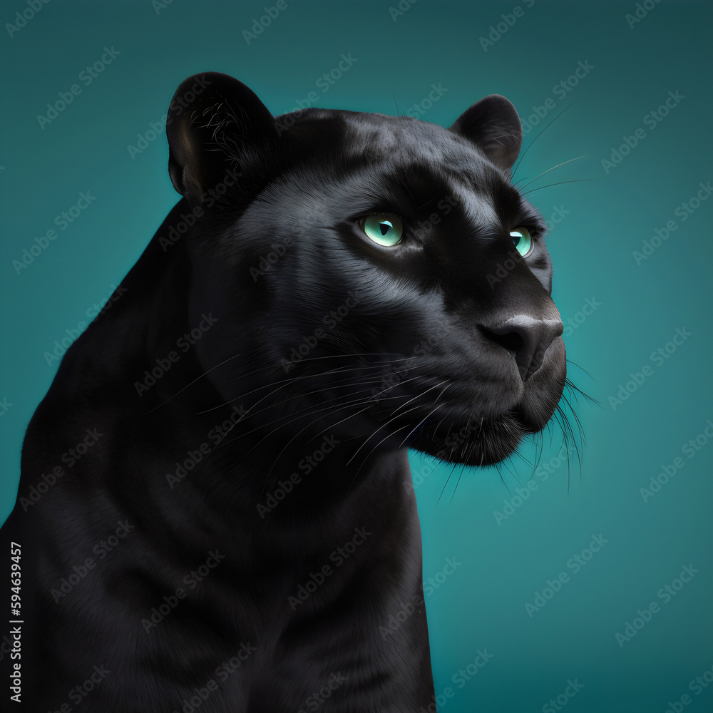 black panther close up head sitting isolated on teal studio background, made with generative ai