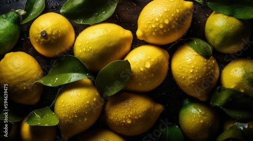 Ripe Yellow Lemons Close-up Background Or Texture. Lemon Harvest, Many Yellow Lemons.. Created with generative AI