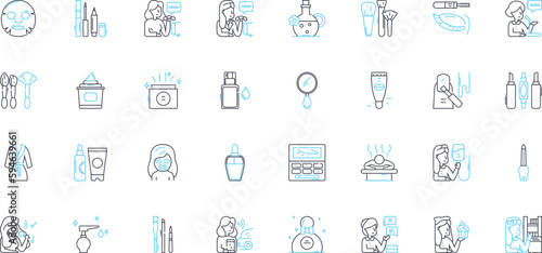 Skin treatment linear icons set. Hydration, Exfoliation, Acne, Rejuvenation, Moisturizer, Retinol, Antioxidant line vector and concept signs. Serum,Sunscreen,Collagen outline illustrations