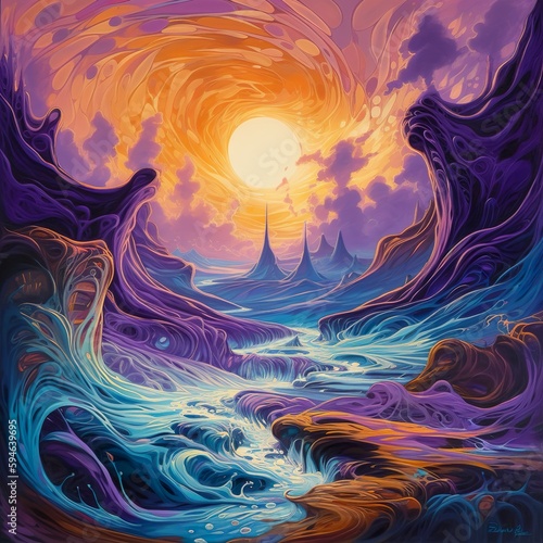 An imaginative acrylic painting presenting a fantastical landscape, with waves of psychic energy weaving through the air and the environment. - Generative AI