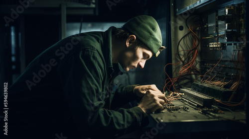 Service maintenance worker repairing