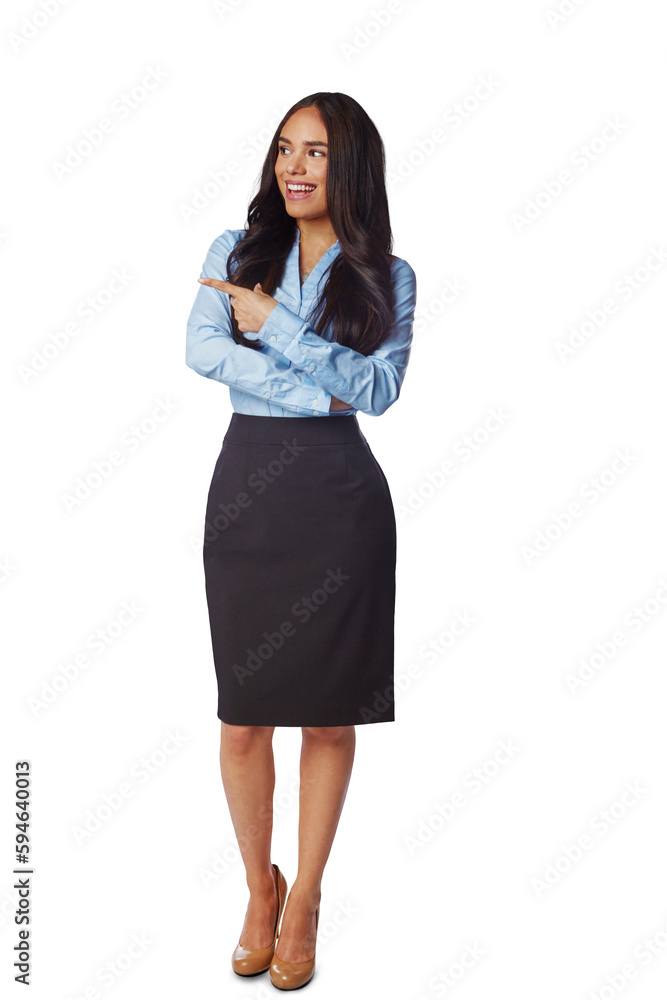 Happy woman, corporate worker and pointing while isolated on transparent png background. Female employee advertising promotion, review and smile for presentation of deal, choice and offer coming soon Happy woman, corporate worker and pointing while isolated on transparent png background. Female employee advertising promotion, review and smile for presentation of deal, choice and offer coming soon