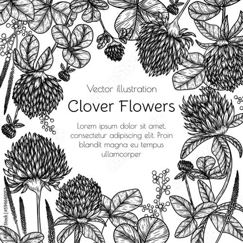 Vector frame of flowers and clover leaves in engraving style