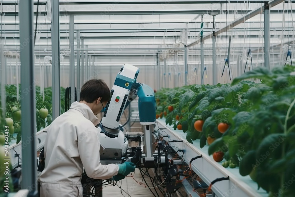 An agronomist uses an automated robot to check the quality of plants, generative AI.