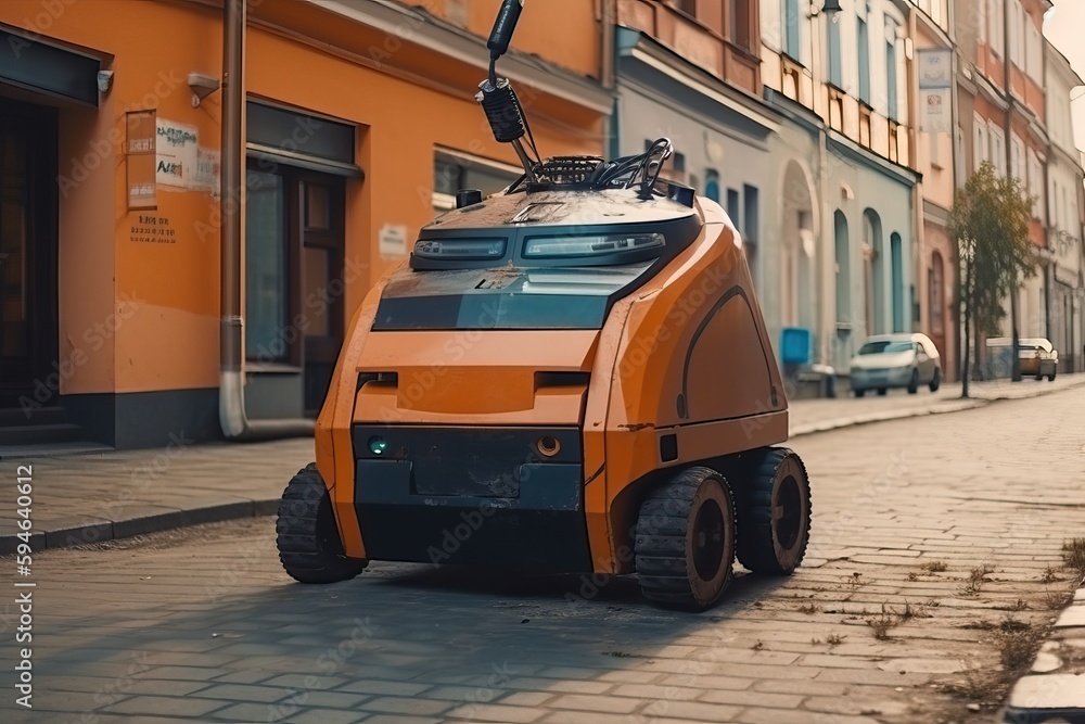The robot car drives through the city streets and cleans them, generative AI.