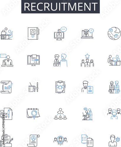 Recruitment line icons collection. Hiring process, Talent search, Staffing needs, Personnel selection, Employment hunt, Human Resources, Talent acquisition vector and linear illustration. Job