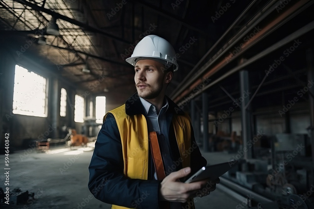 A human engineer in a yellow helmet and glasses at the enterprise analyzes the work through a tablet, generative AI. A human engineer in a yellow helmet and glasses at the enterprise analyzes the work through a tablet, generative AI.
