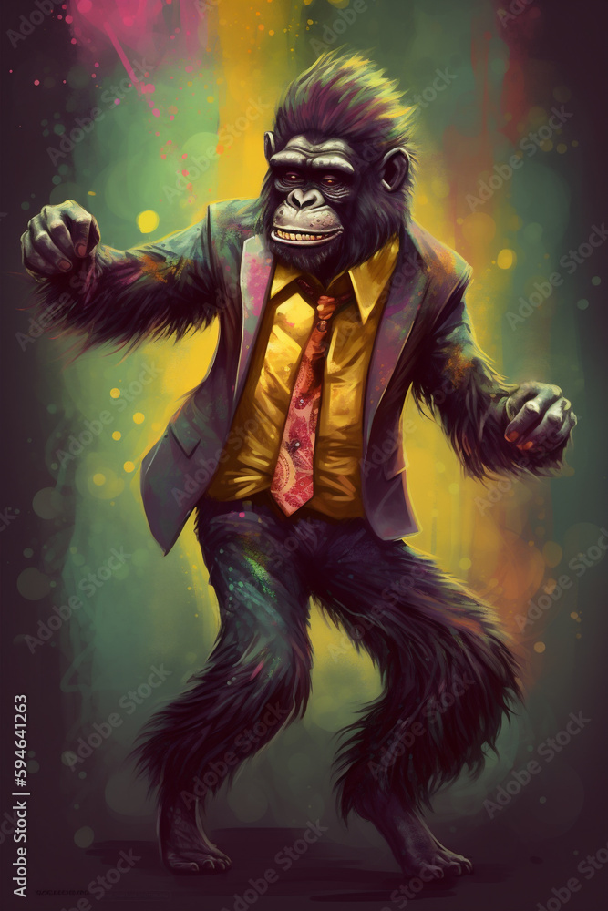 Digital Painting eines fröhlichen tanzenden funky Affen im Party Outfit. Hochformat. Generative Ai.