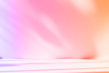 Abstract pink color gradient studio background for product presentation. Empty room with shadows of window and flowers and palm leaves . 3d room with copy space. Summer concert. Blurred backdrop.