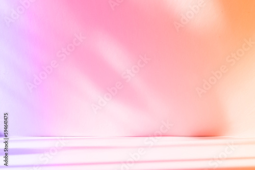 Abstract pink color gradient studio background for product presentation. Empty room with shadows of window and flowers and palm leaves . 3d room with copy space. Summer concert. Blurred backdrop.