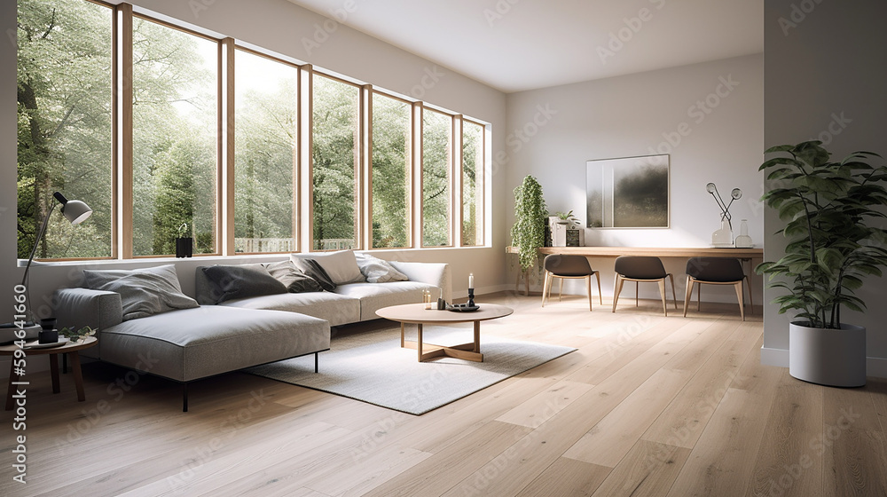 A living room of a beautiful bright modern Scandinavian style house with large windows opening, generative AI A living room of a beautiful bright modern Scandinavian style house with large windows opening, generative AI