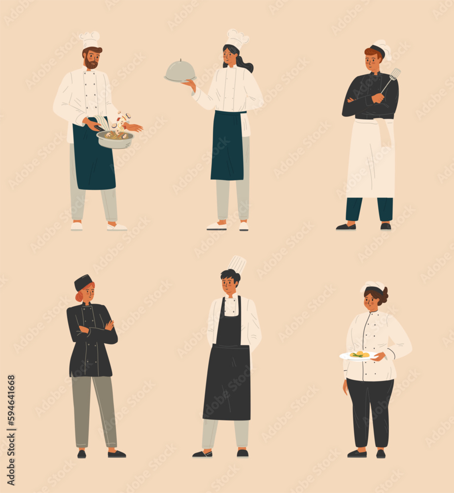 Group of chefs, man and woman chef, waitress, restaurant kitchen staff. Vector set. Restaurant team concept. Cook people characters, in uniform