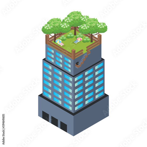 isometric green skyscraper with rooftop park and wooden poles. vector illustration isolated on white background.Sale and rental of real estate. Big building concept. big city architecture
