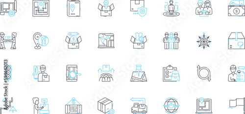 Shipment services linear icons set. Logistics, Delivery, Dispatch, Packaging, Transport, Distribution, Warehousing line vector and concept signs. Freight,Shipping,Inventory outline illustrations