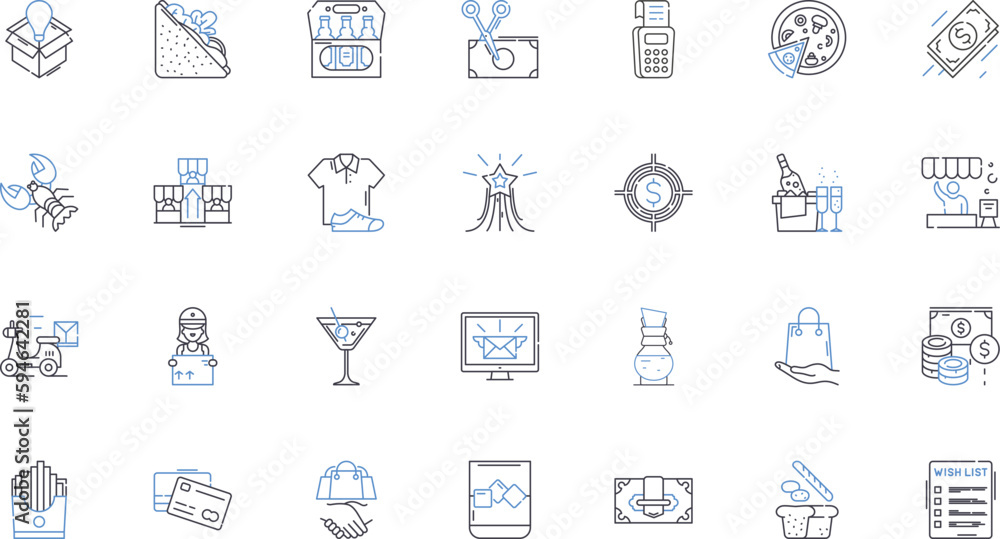 Hypermarket line icons collection. Convenience, Variety, Discounts, Freshness, Quality, Accessibility, Efficiency vector and linear illustration. Organization,Bigger,Savings outline signs set
