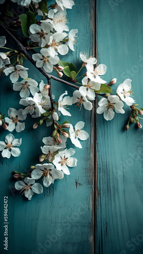 Blossoming flowers and stems on a blue wooden background. Wallpaper.