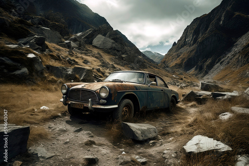 Partly destroyed and heavily damaged car on a mountain pass road. Mountains in the Background.