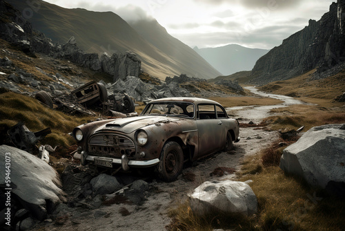 Partly destroyed and heavily damaged car on a mountain pass road. Mountains in the Background.