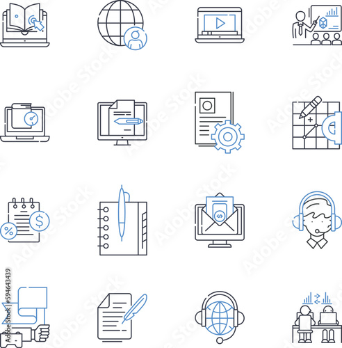 Board meeting line icons collection. Decisions, Quorum, Agenda, Minutes, Resolutions, Chair, Voting vector and linear illustration. Accounts,Reports,Discussion outline signs set