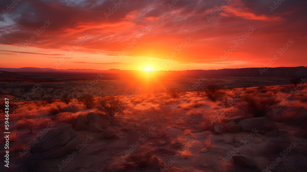 A breathtaking sunset over a vast desert landscape, with shades of orange and red painting the sky and casting a warm glow over the rugged terrain.
