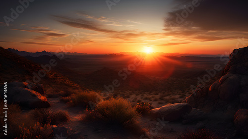 A breathtaking sunset over a vast desert landscape  with shades of orange and red painting the sky and casting a warm glow over the rugged terrain.