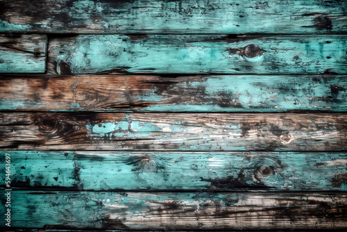 Turquoise distressed old damaged wooden plank wallpaper. Background, copy space.