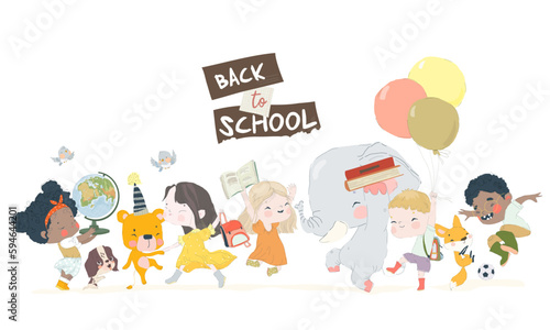 Wallpaper Mural Cartoon Happy Children and Animals enjoying Back to School Torontodigital.ca
