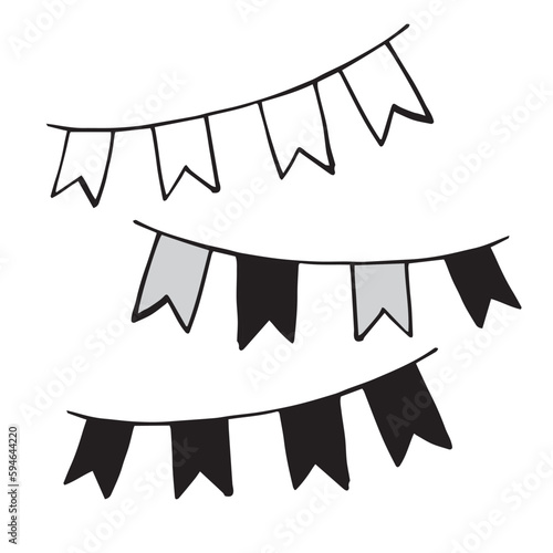 Garland of flags. Doodle freehand illustration. Vector. Holiday decoration. Contour black and white