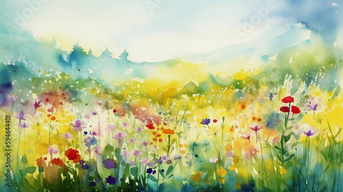 Watercolor painting of lush blooming summer meadow with colorful wildflowers. Beautiful artistic image for wallpaper, art print, background design. Generative AI.  © Aul Zitzke